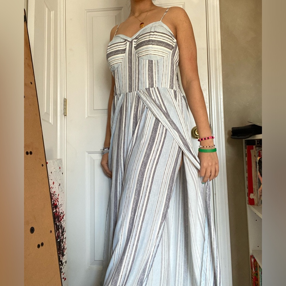 Blue,Gray, and White jumpsuit with slit!  Brand new with tags